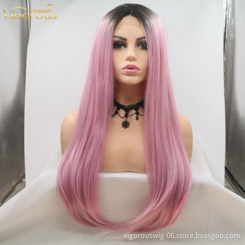 Vigorous ombre pink premium high quality straight wave long wholesale black women synthetic hair wigs small lace front